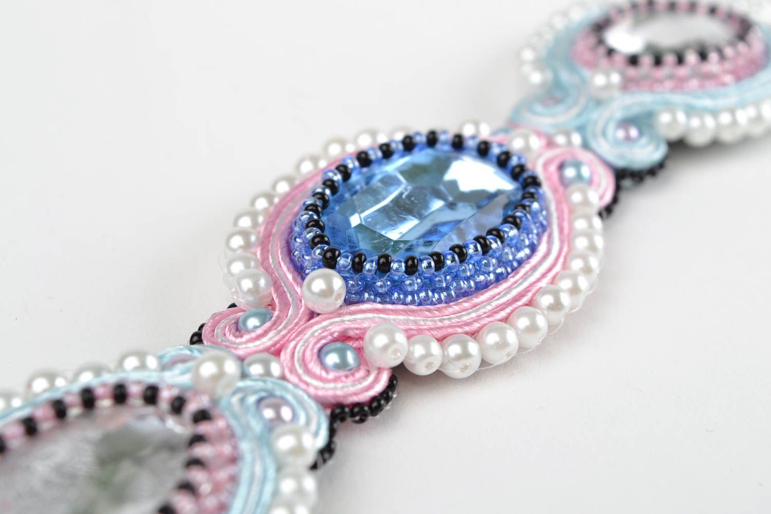 Handmade wrist bracelet embroidered with soutache cord and seed beads light blue photo 5
