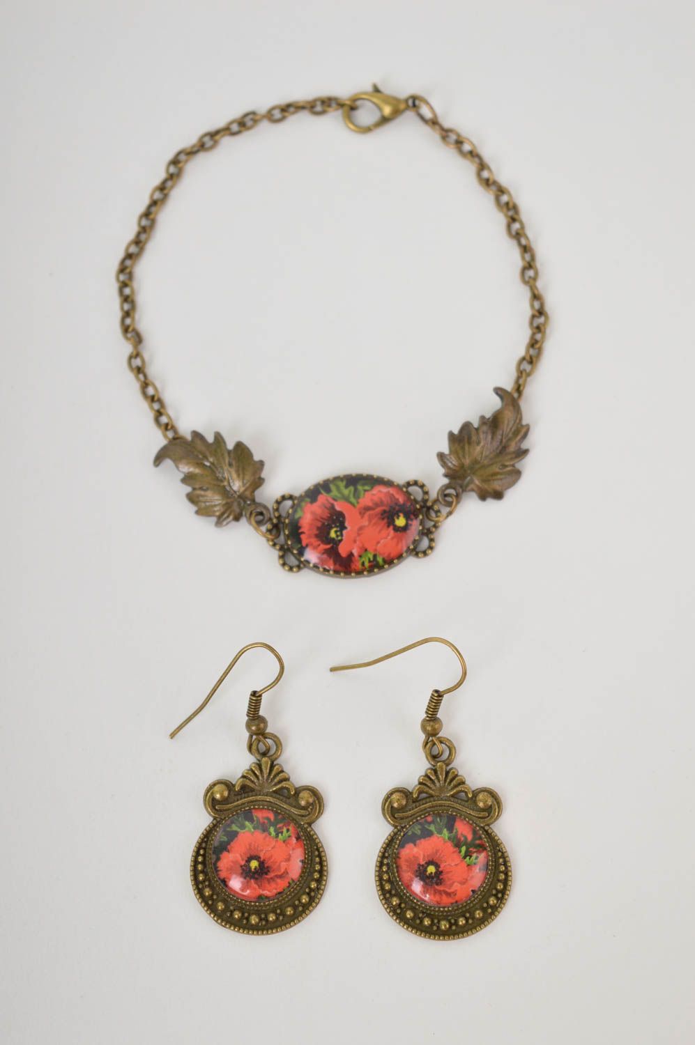 Handmade Damen Schmuck Set runde Ohrringe und Armband mit Blumen Mohnblumen foto 3