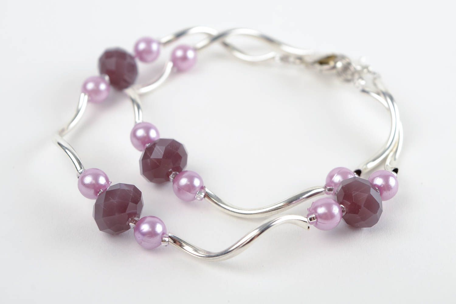 Handmade metal two-row bracelet set with purple and cherry beads for women photo 1