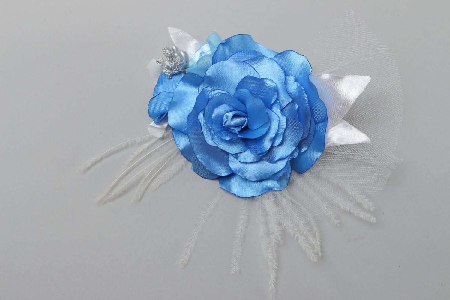 Handmade decorative hair clip with large volume bright blue satin flower photo 2