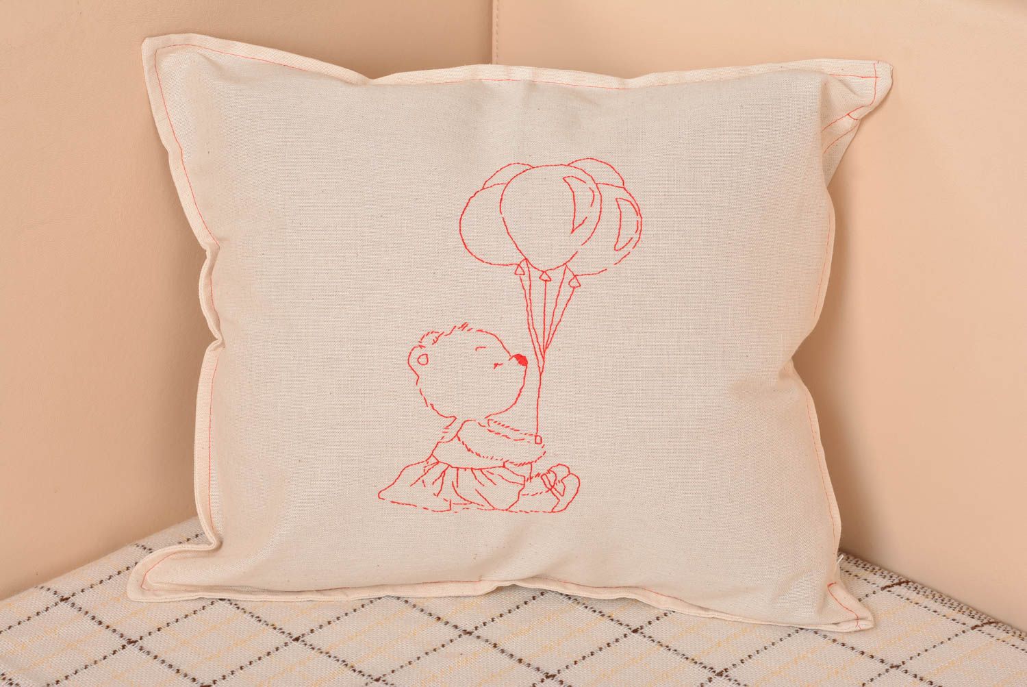 Handmade designer semi linen natural cloth pillow case with cute embroidery  photo 1