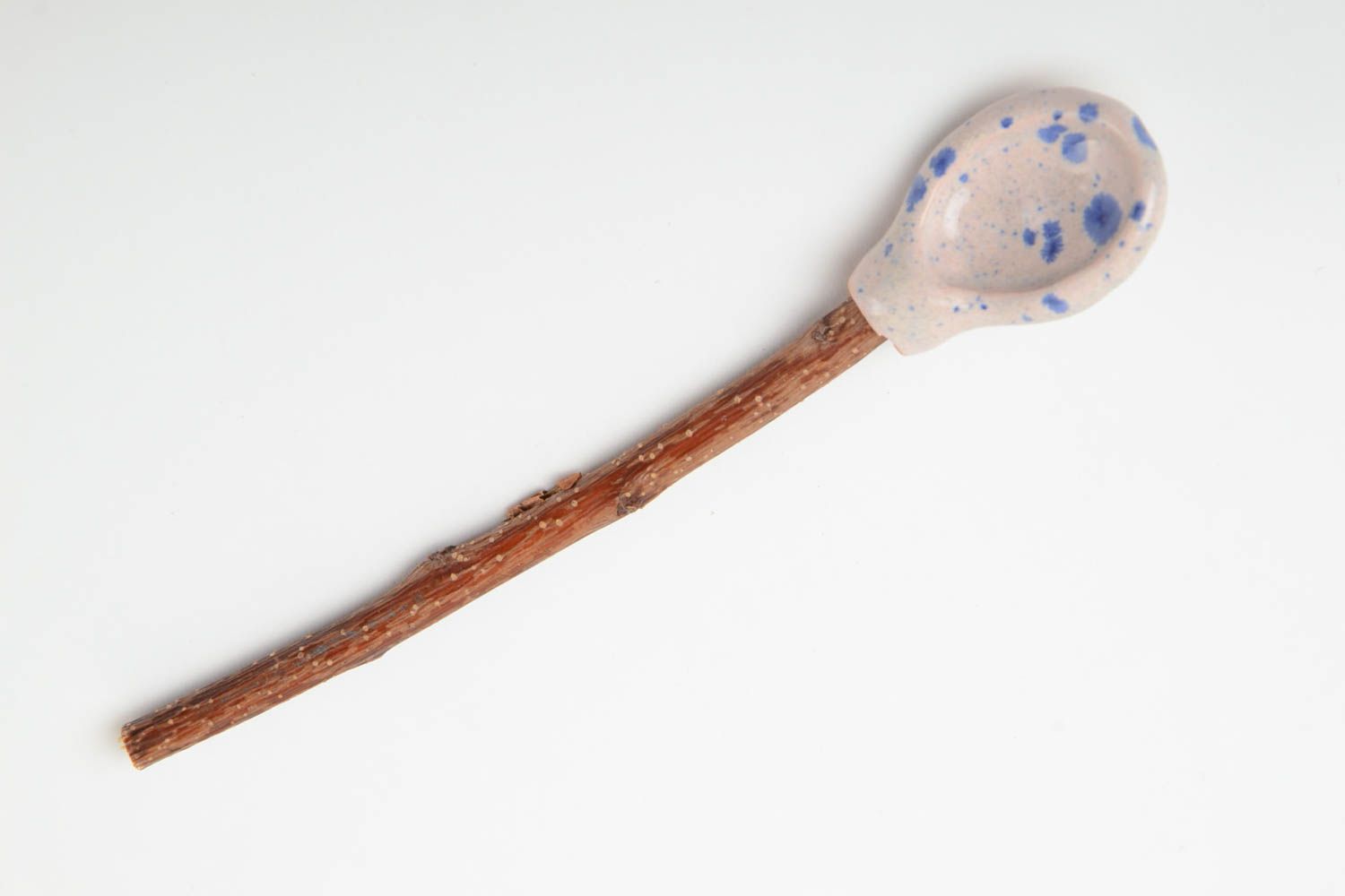Colorful glazed handmade clay spoon with apricot branch handle photo 2
