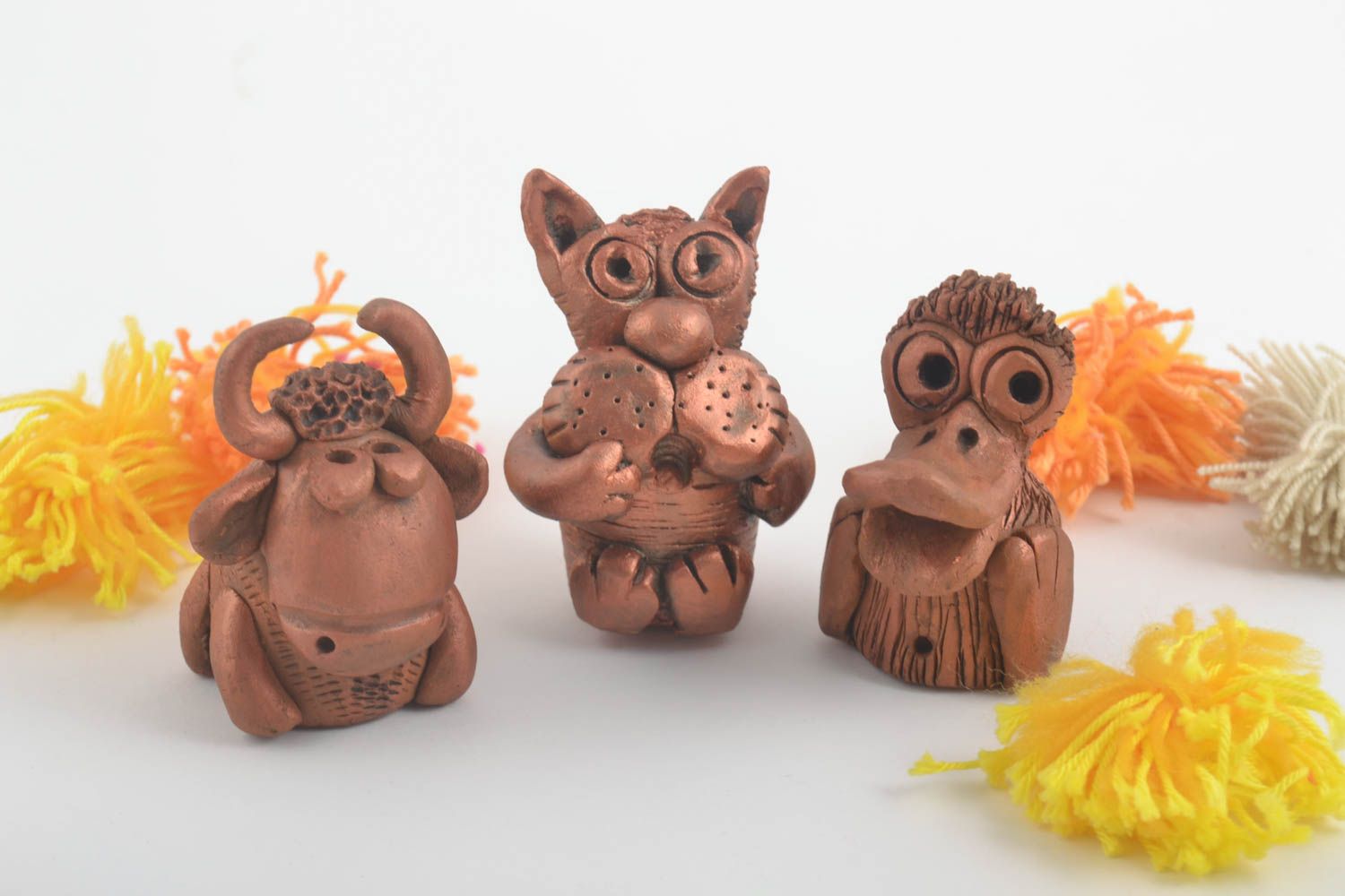 Set of 3 handmade clay figurines ceramic statuettes miniature animals gift ideas photo 1