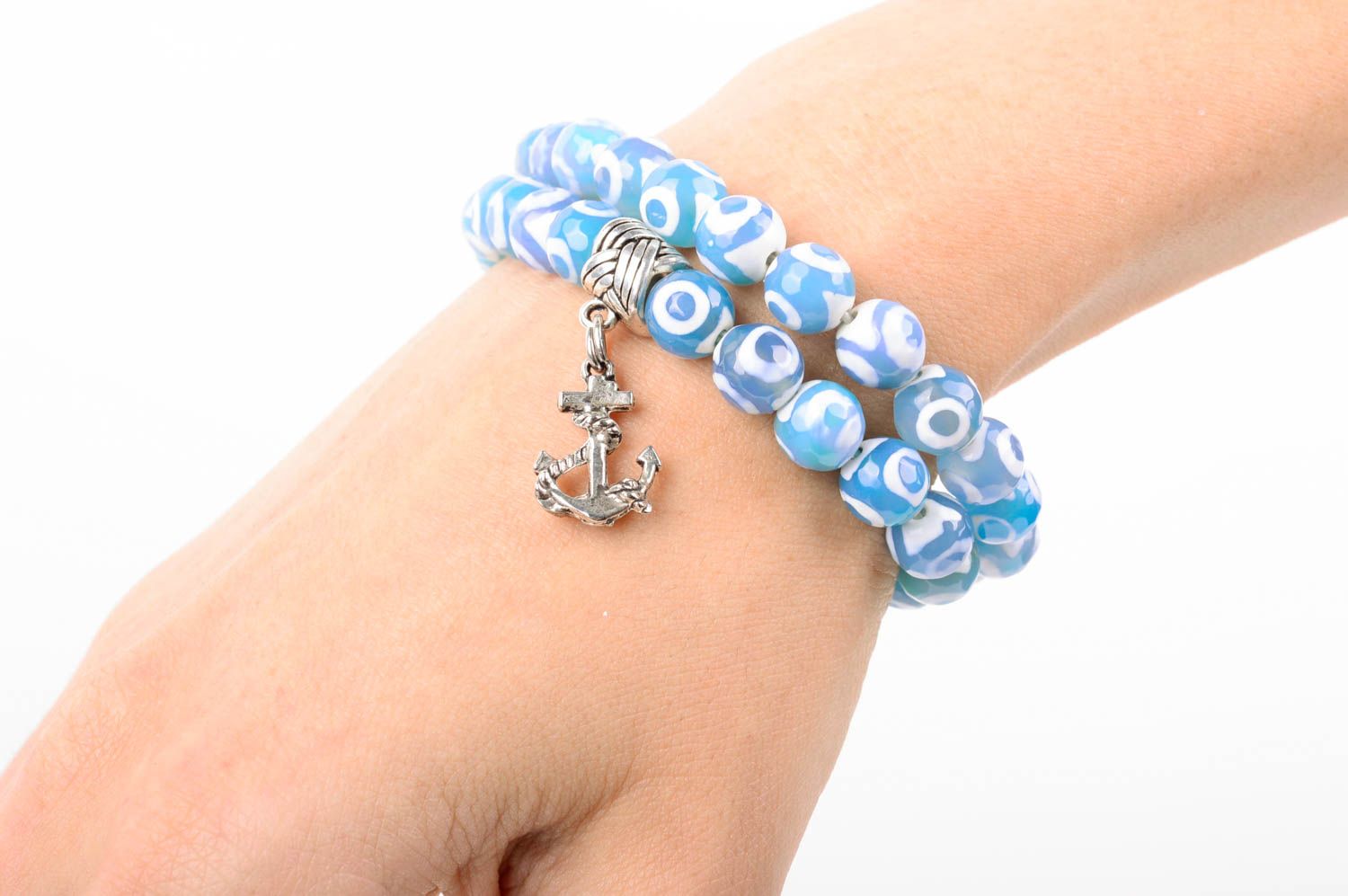 Beautiful blue bracelets set of bracelets natural stone accessory 2 pieces photo 2
