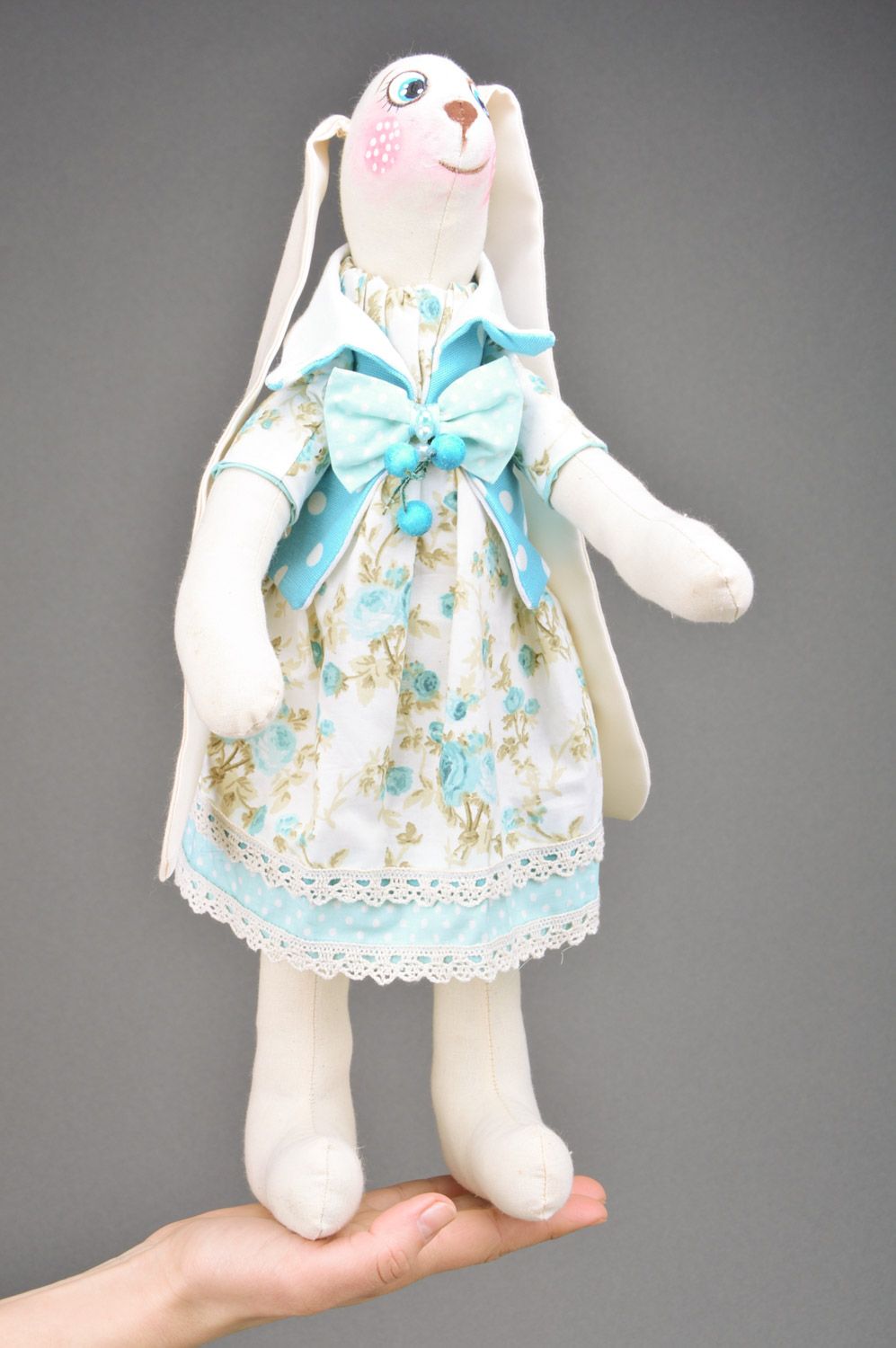Handmade designer soft toy sewn of tapestry fabric Rabbit for interior decoration photo 2