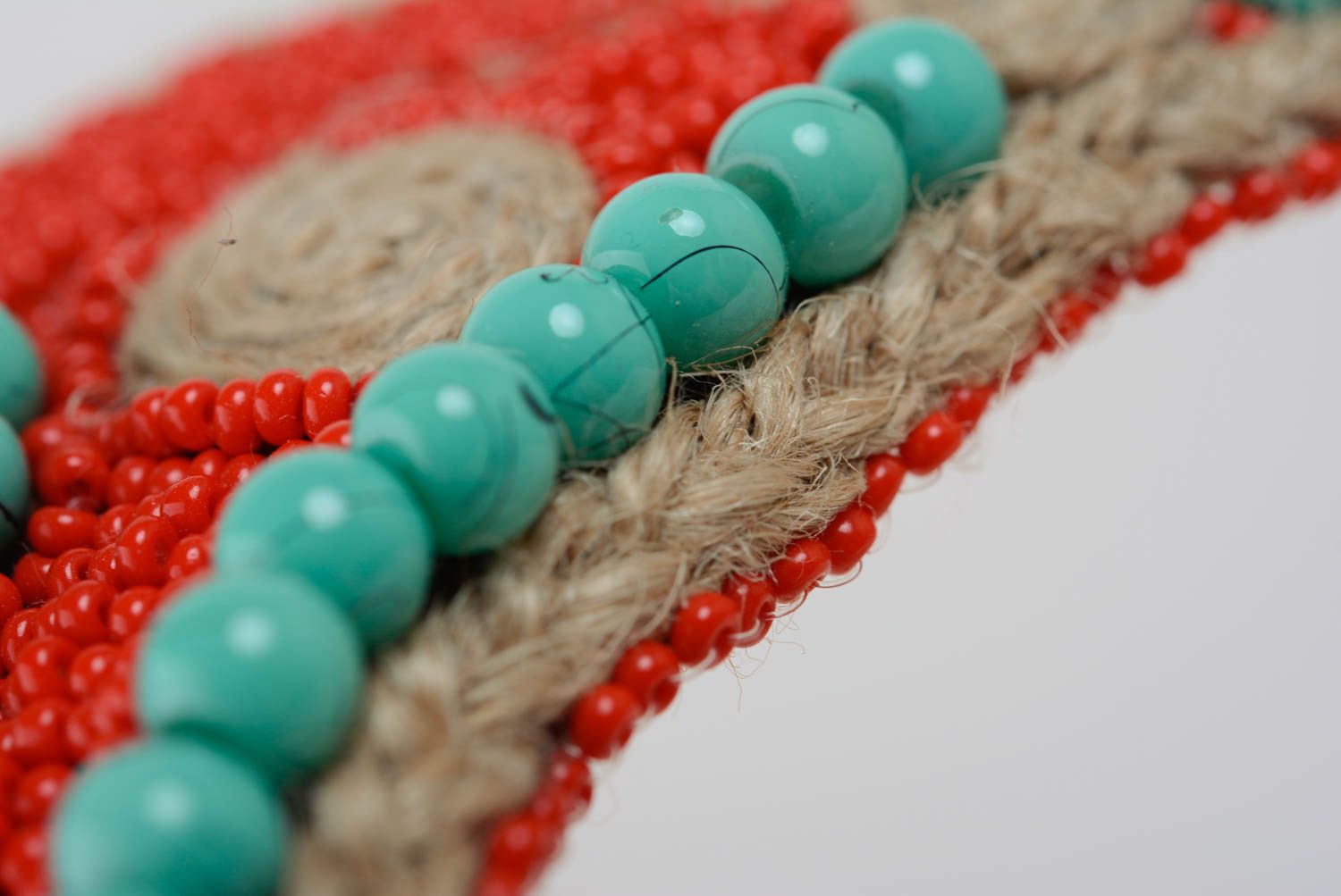 Handmade bead embroidered necklace with natural stones in turquoise and red colors photo 4