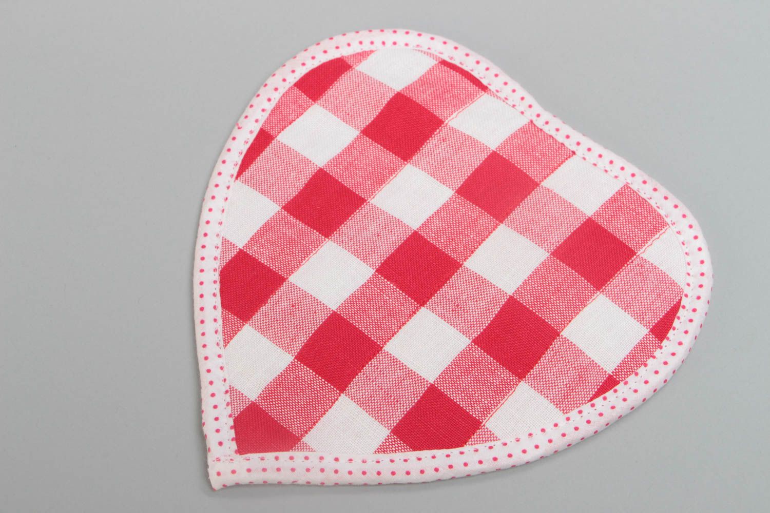 Bright handmade dotted cotton fabric pot holder in the shape of heart photo 4