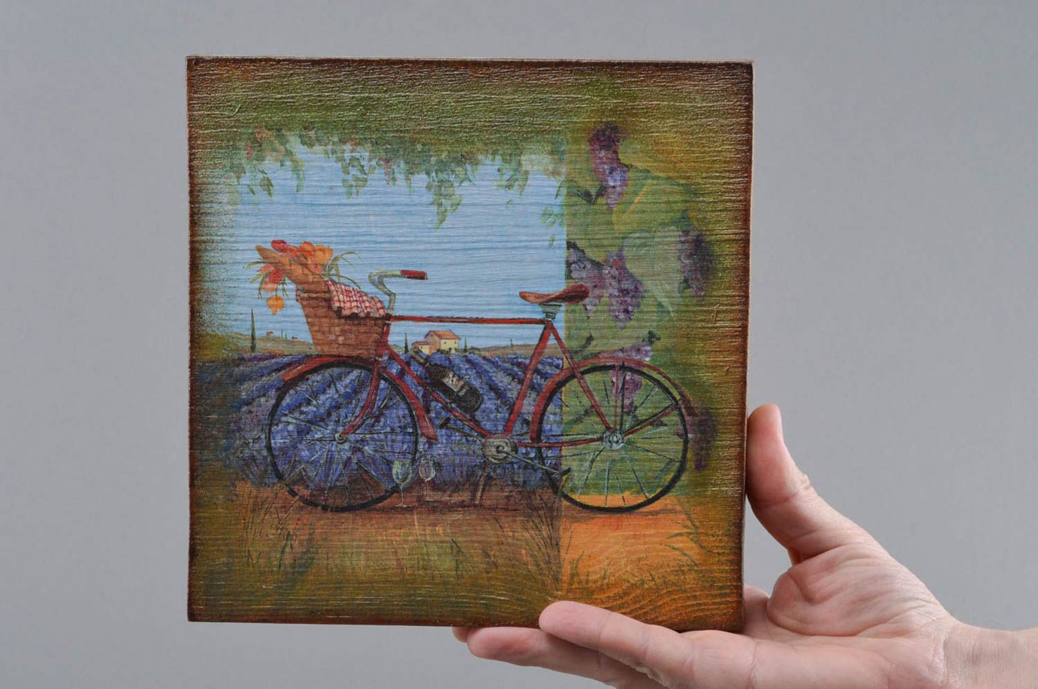 Handmade designer decorative decoupage wooden square wall panel Bicycle photo 1