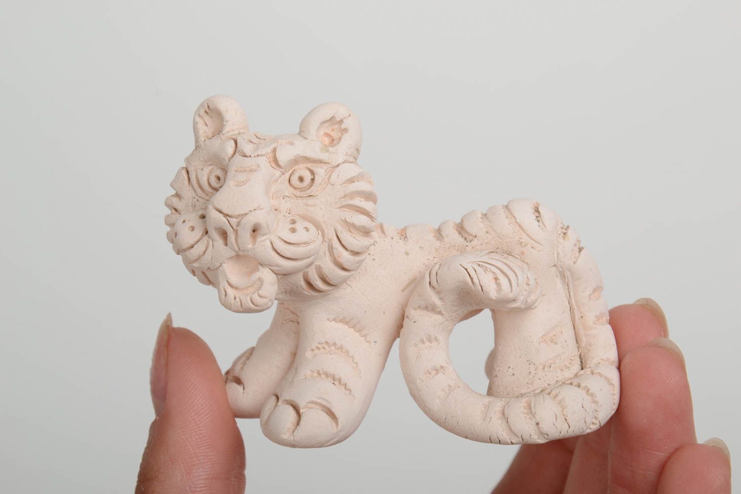 Unusual small handmade collectible clay statuette of white tiger home decor photo 5