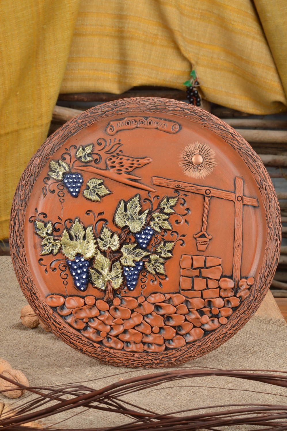 Beautiful handmade designer round clay wall panel decorative ceramic wall plate photo 1