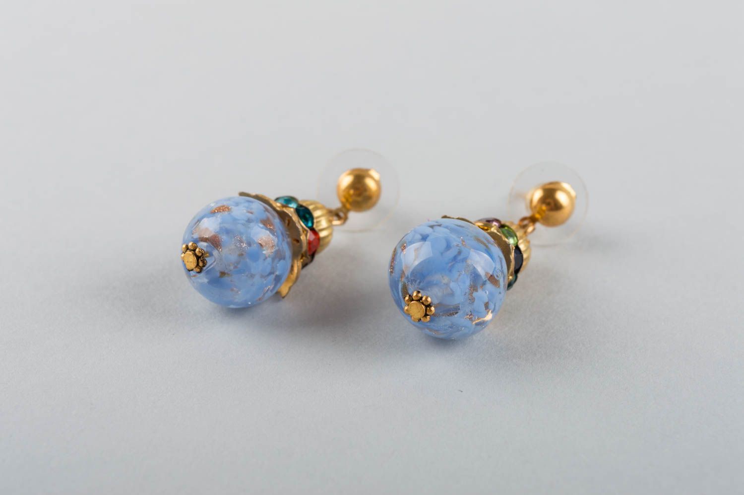 Bright handmade designer brass earrings with Murano glass balls for elegant lady photo 3