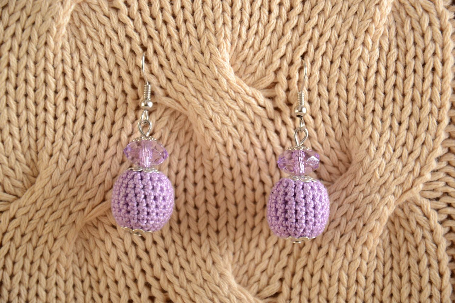 Handmade wooden bead earrings crocheted over with violet cotton threads photo 1