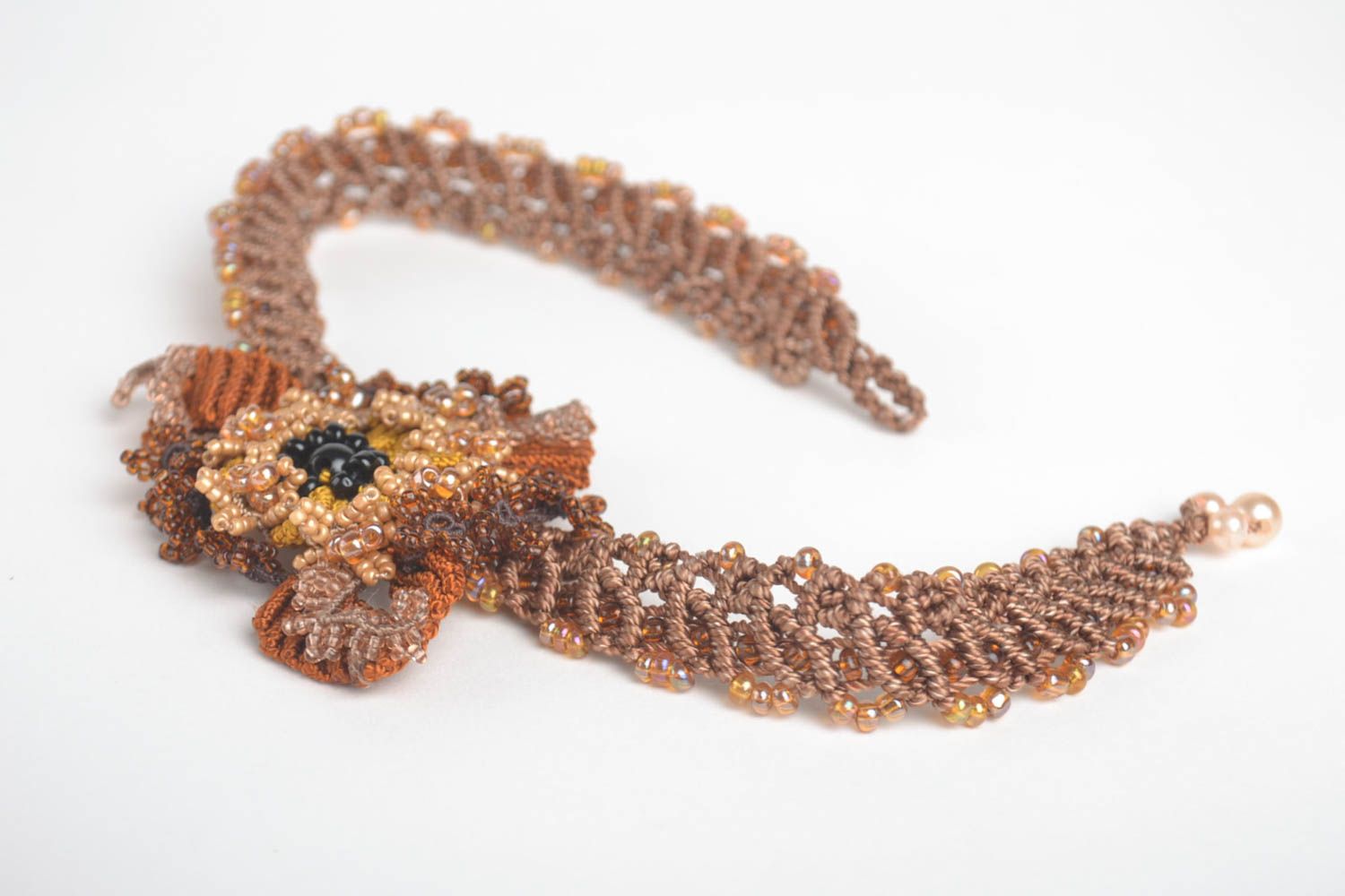 Collier textile Bijou fait main marron fils perles ankars Accessoire femme  photo 4