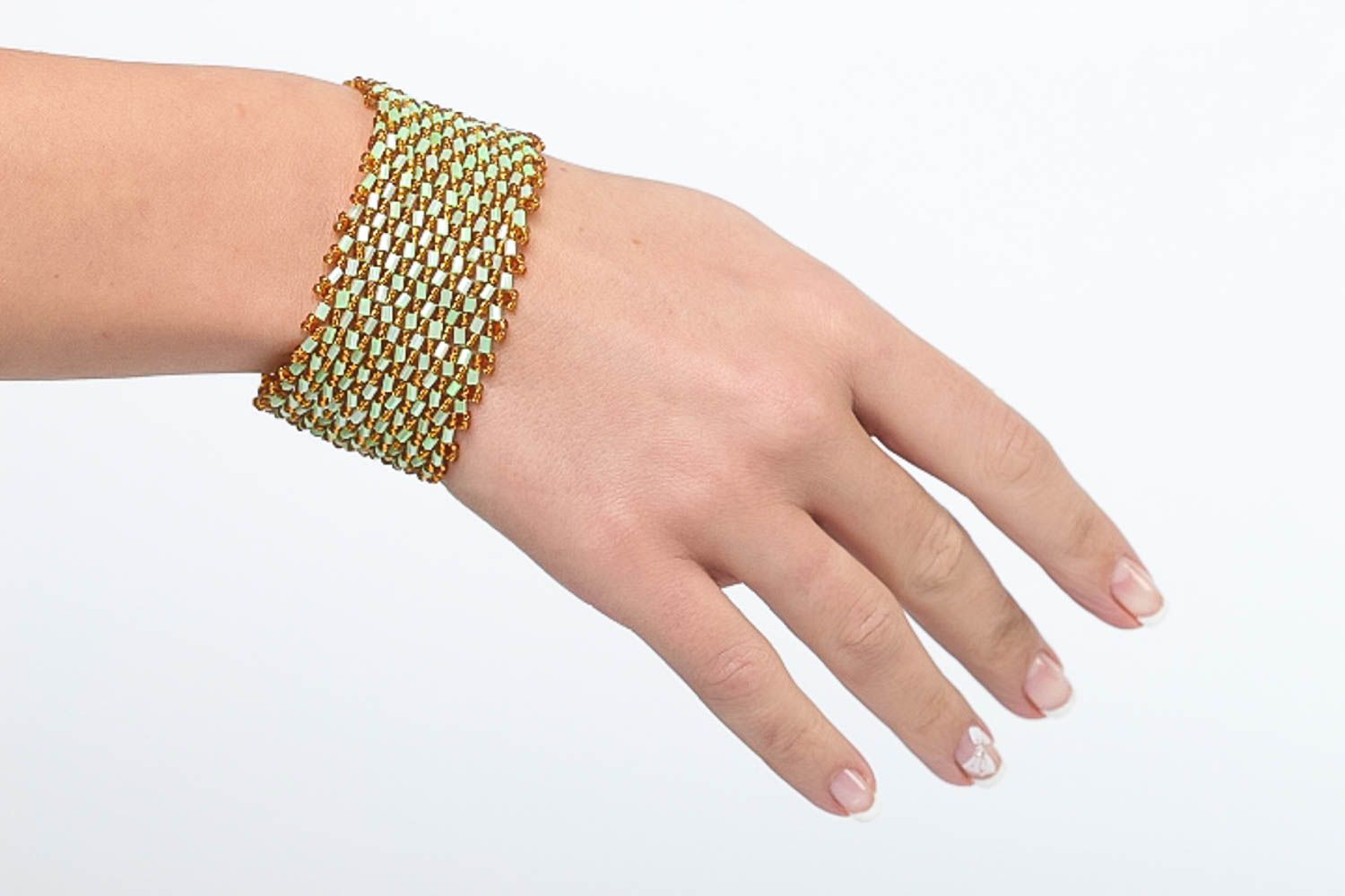 Light green and gold color wide beaded bracelet for women photo 5