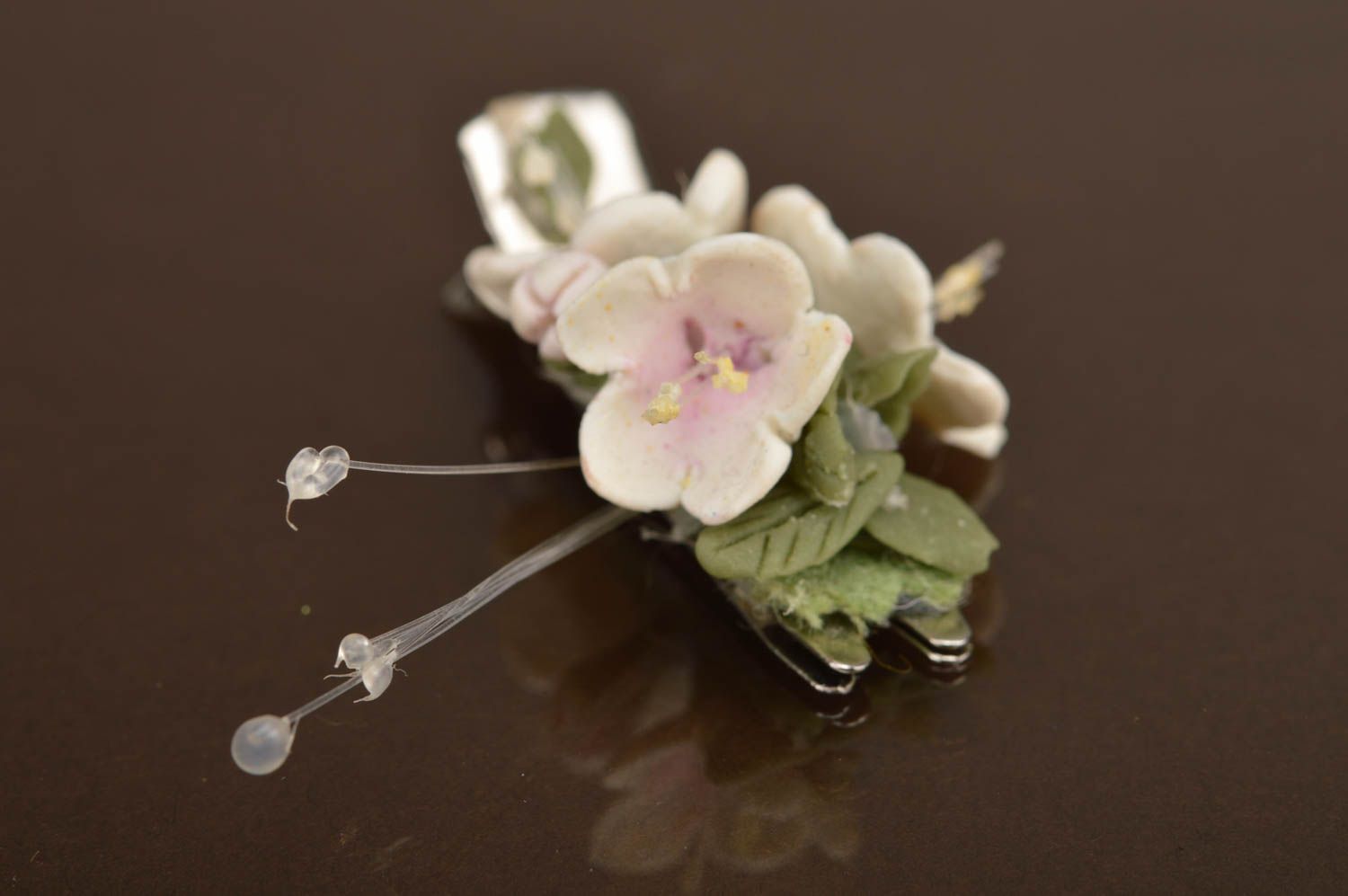 Romantic stylish handmade hair clip with flowers made of polymer clay  photo 5