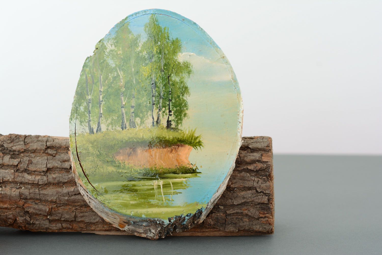 Tableau peint sur bois fait main de couleurs à l'huile avec paysage ovale photo 1