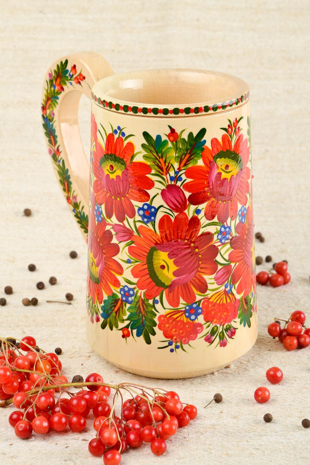 Tasse bois fait main Mug original grand motif fleur Vaisselle en bois décorative photo 1
