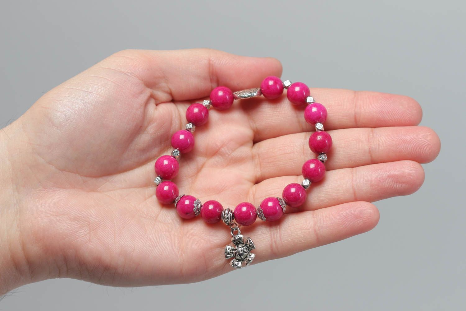 Handmade bracelet with charms stylish bright accessory cute pink jewelry photo 5