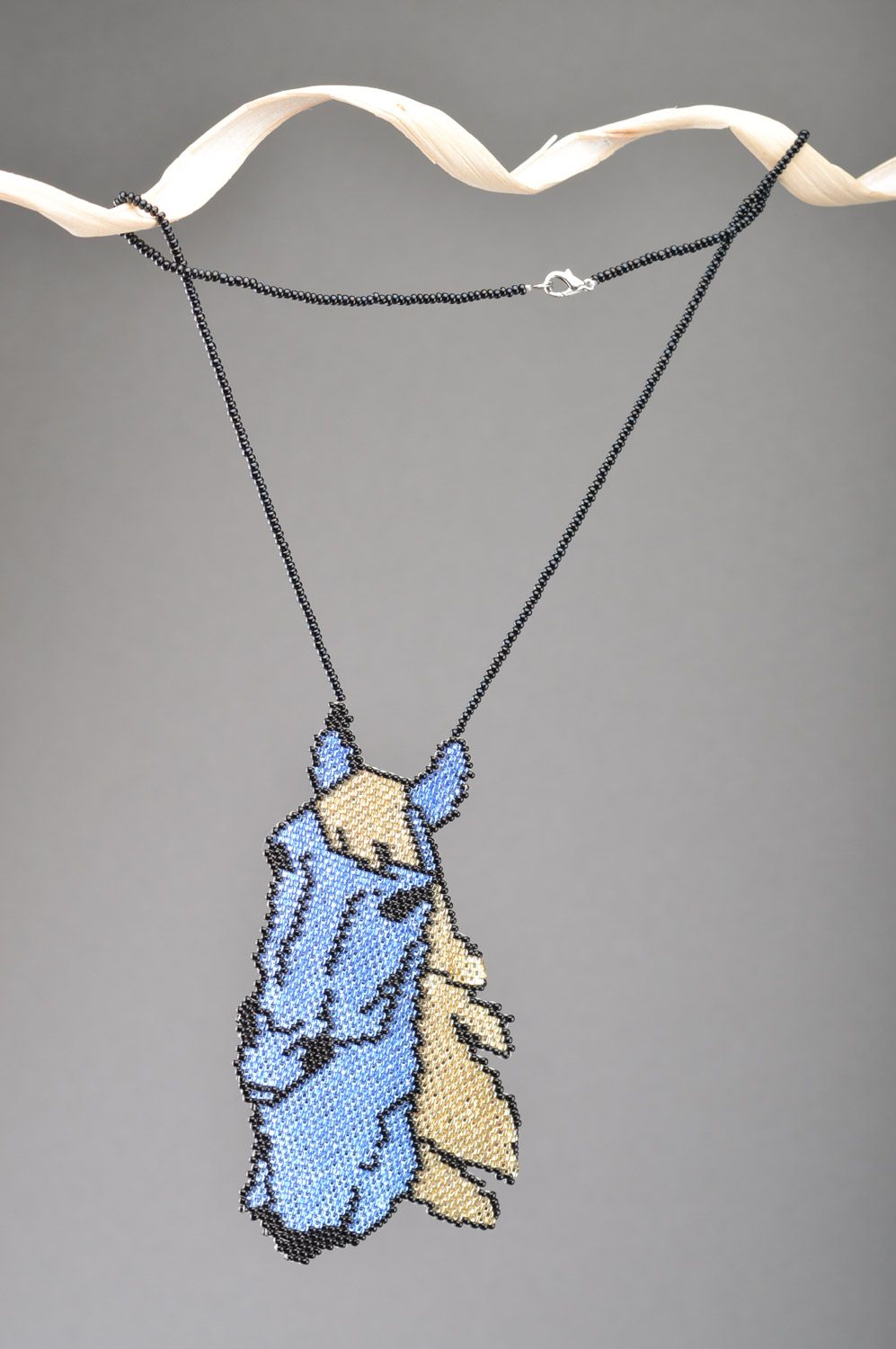 Handmade large pendant necklace woven of beads Blue Horse for women  photo 2