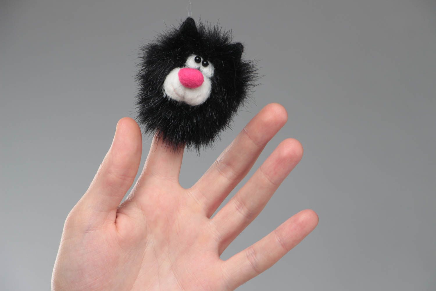 Handmade small faux fur soft toy animal finger puppet black cat with pink nose photo 5