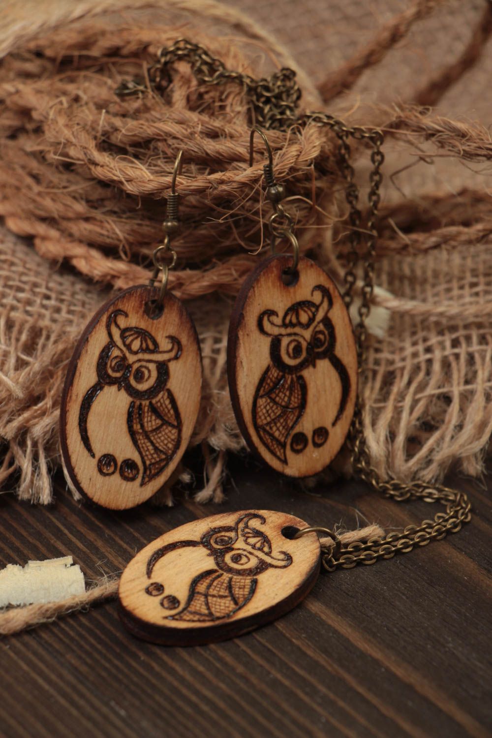 Handmade Schmuck Set aus Holz Damen Ohrringe originell Ketten Anhänger Eulen foto 1
