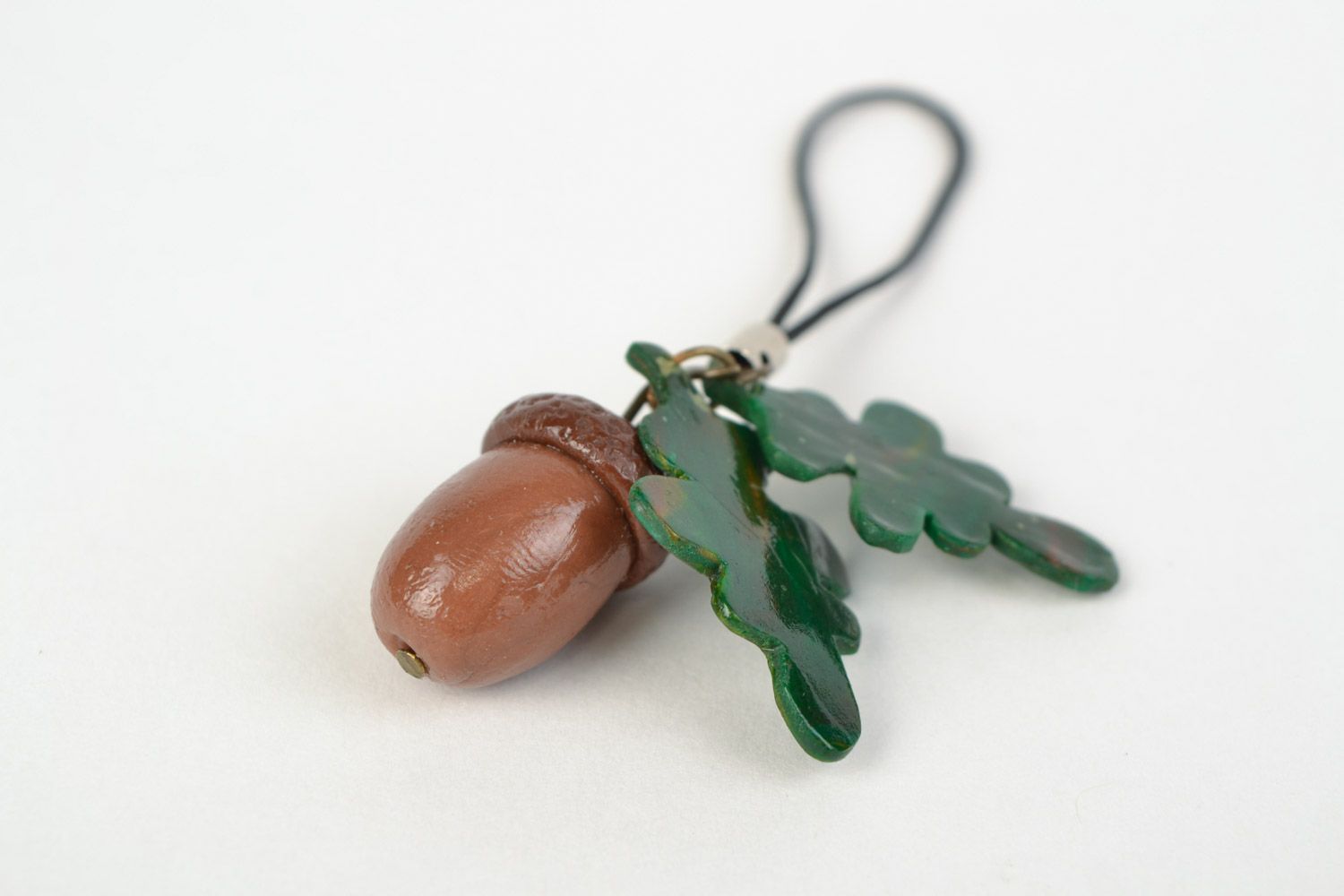 Unusual beautiful handmade polymer clay keychain in the shape of acorn photo 1