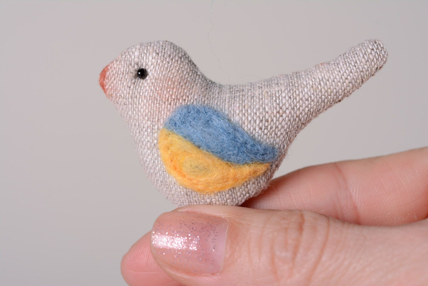 Handmade embroidered linen fabric brooch with yellow and blue wing Bird photo 3