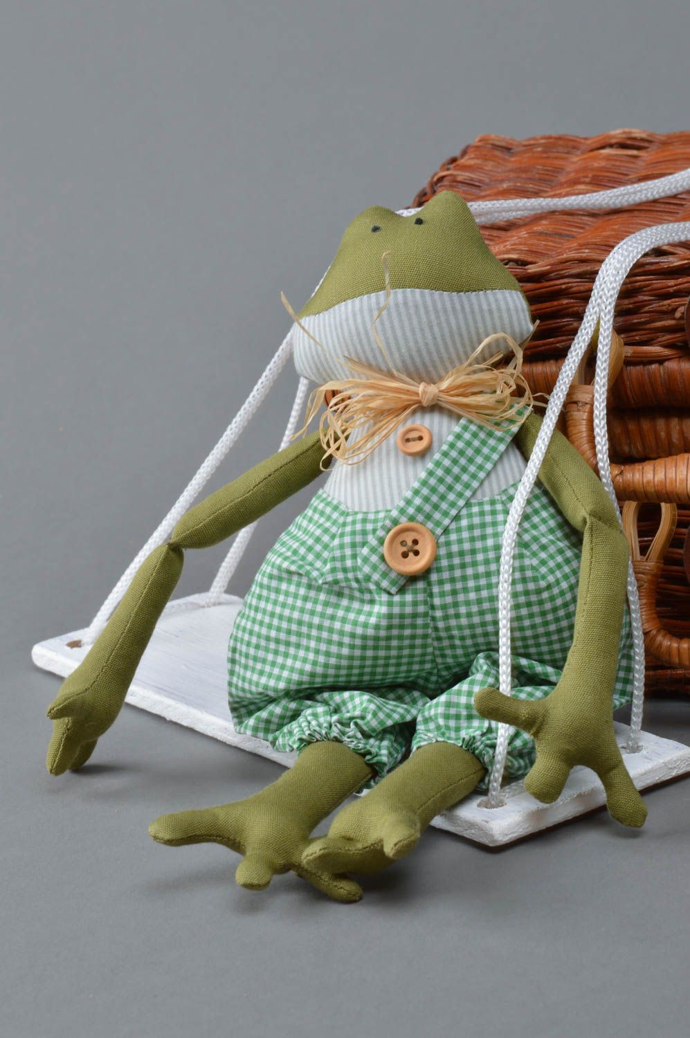 Decorative handmade soft interior toy in the form of frog on swing home decor photo 3