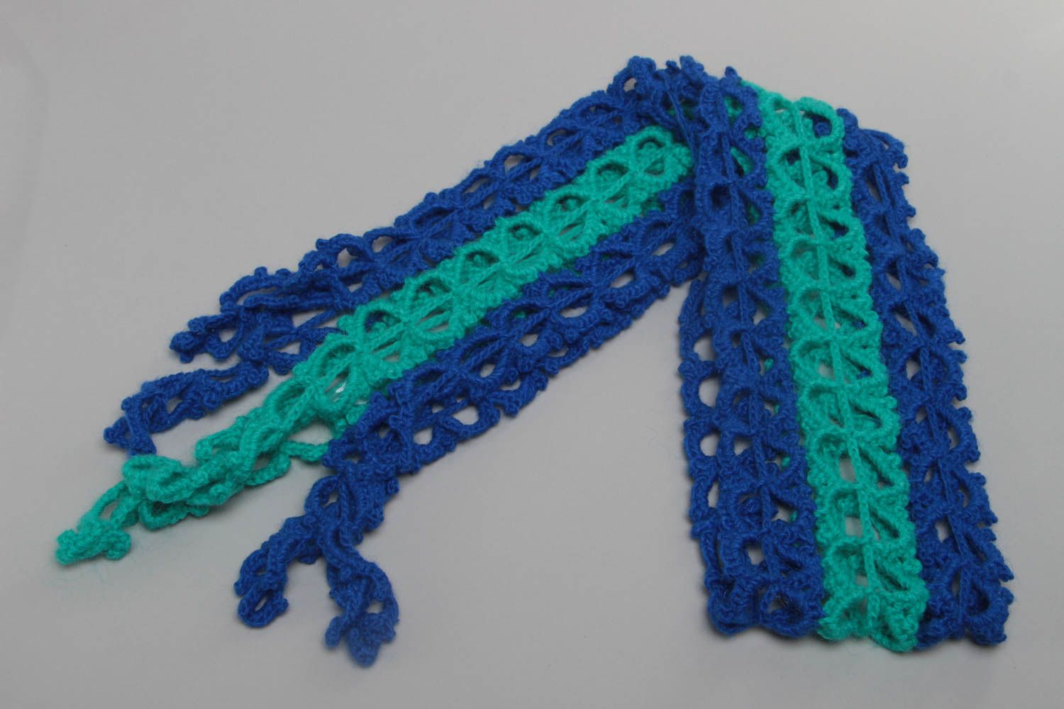 Beautiful stylish handmade long crochet scarf of blue and turquoise colors photo 2