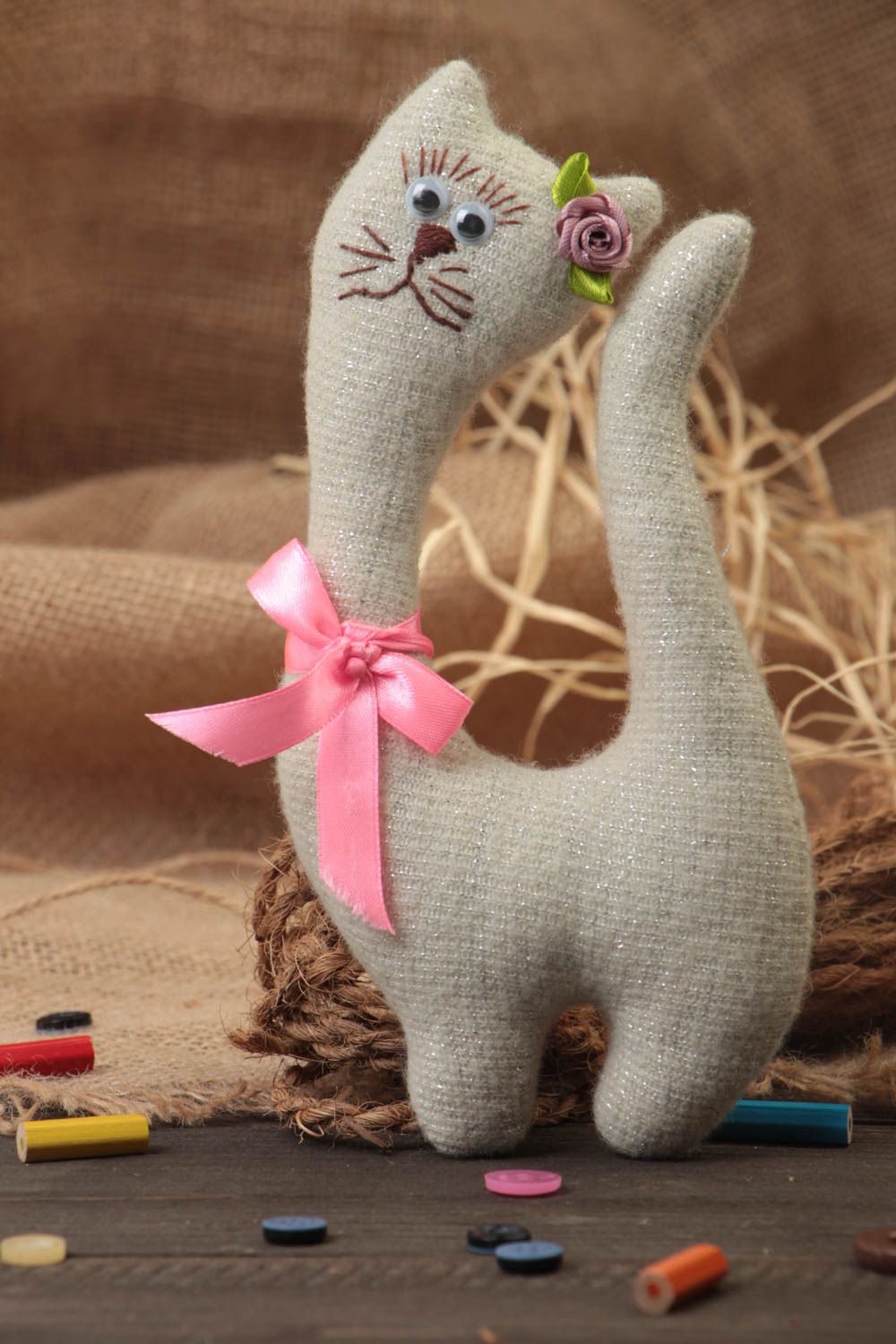 Soft toy handmade cotton and wool cat with a bow nice present for children photo 1