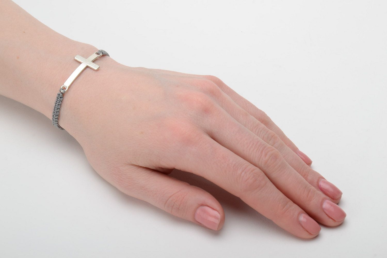 Handmade gray women's cord bracelet with metal cross  photo 2