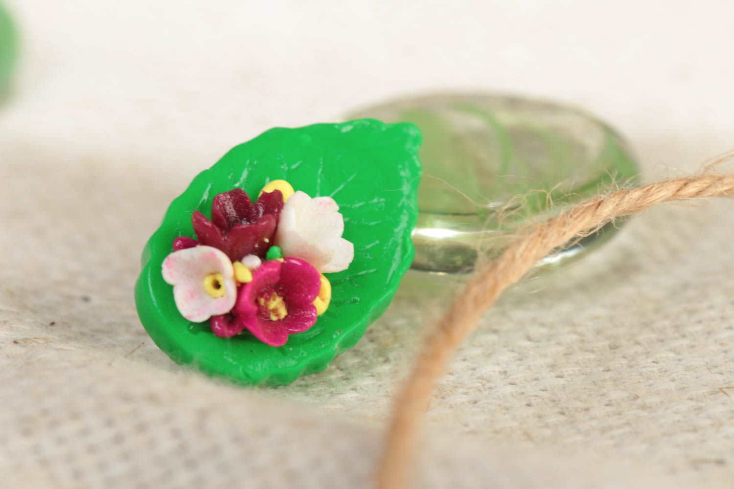 Handmade small designer brooch with volume polymer clay leave and flowers photo 1