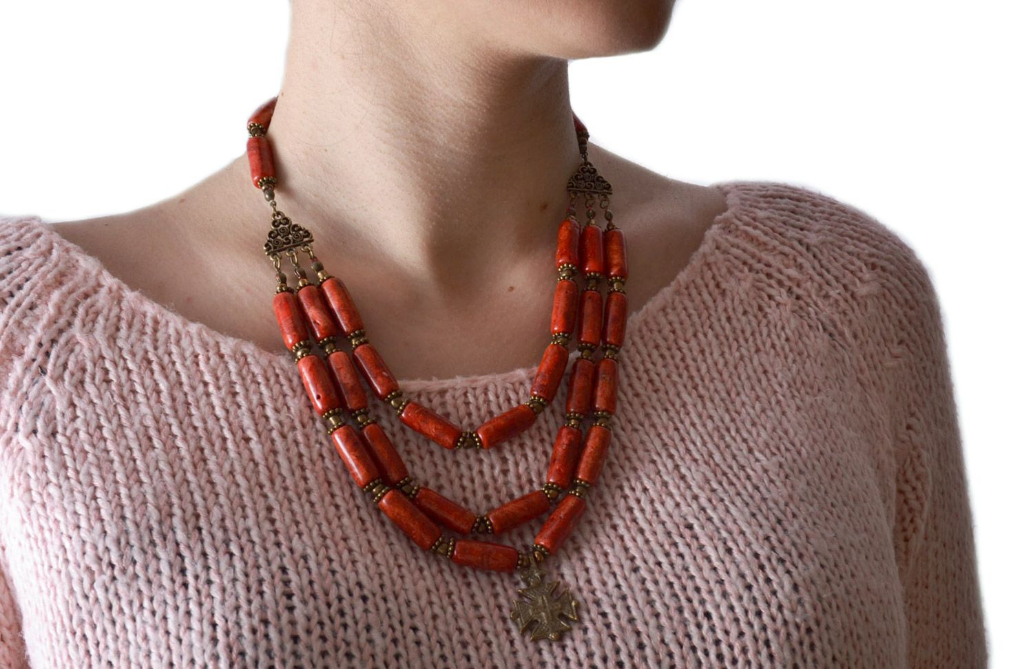 Long handmade gemstone bead necklace of red color with coral and brass photo 1