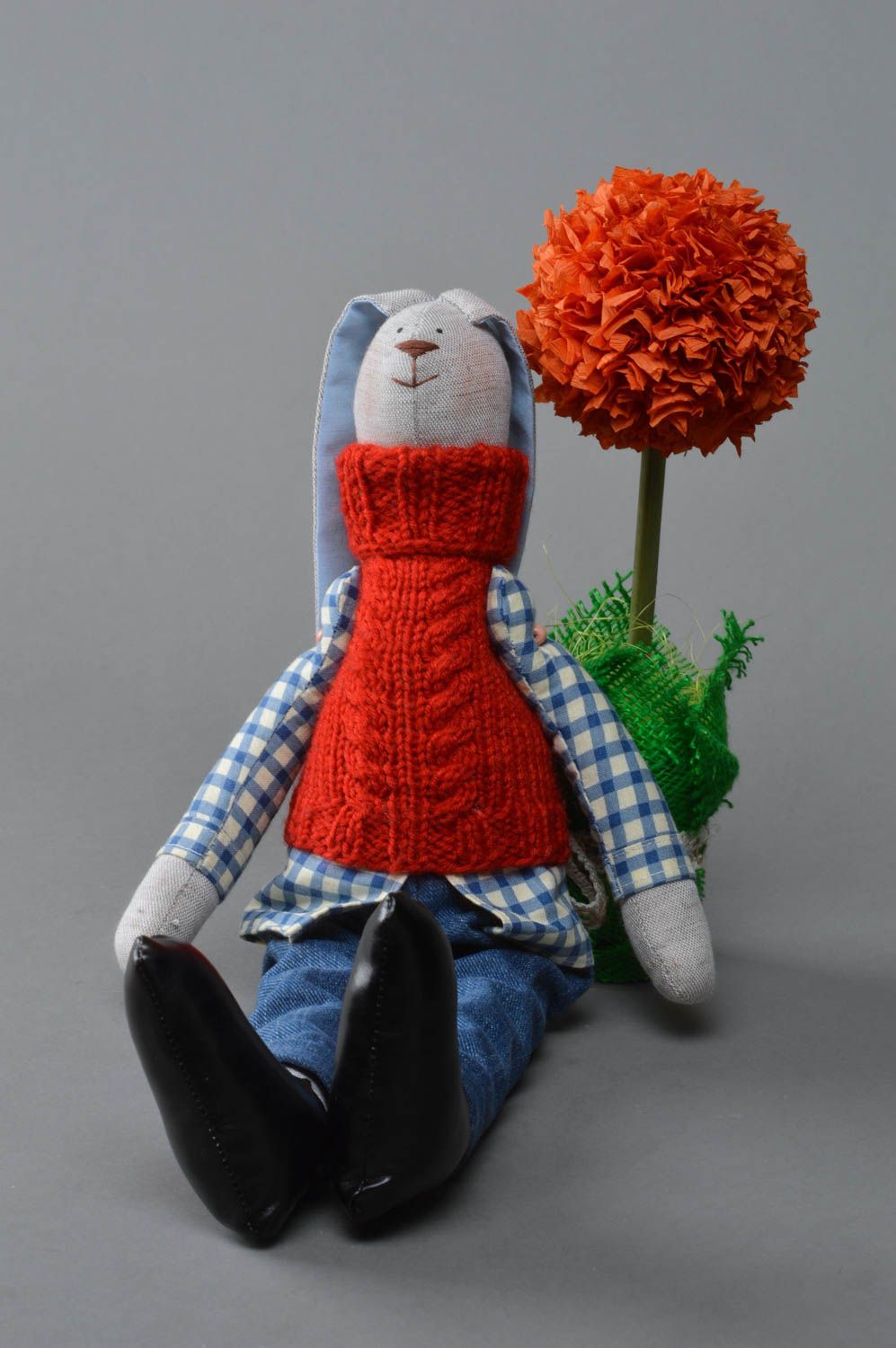 Handmade linen fabric soft toy stylish rabbit in red knit vest and leather shoes photo 2