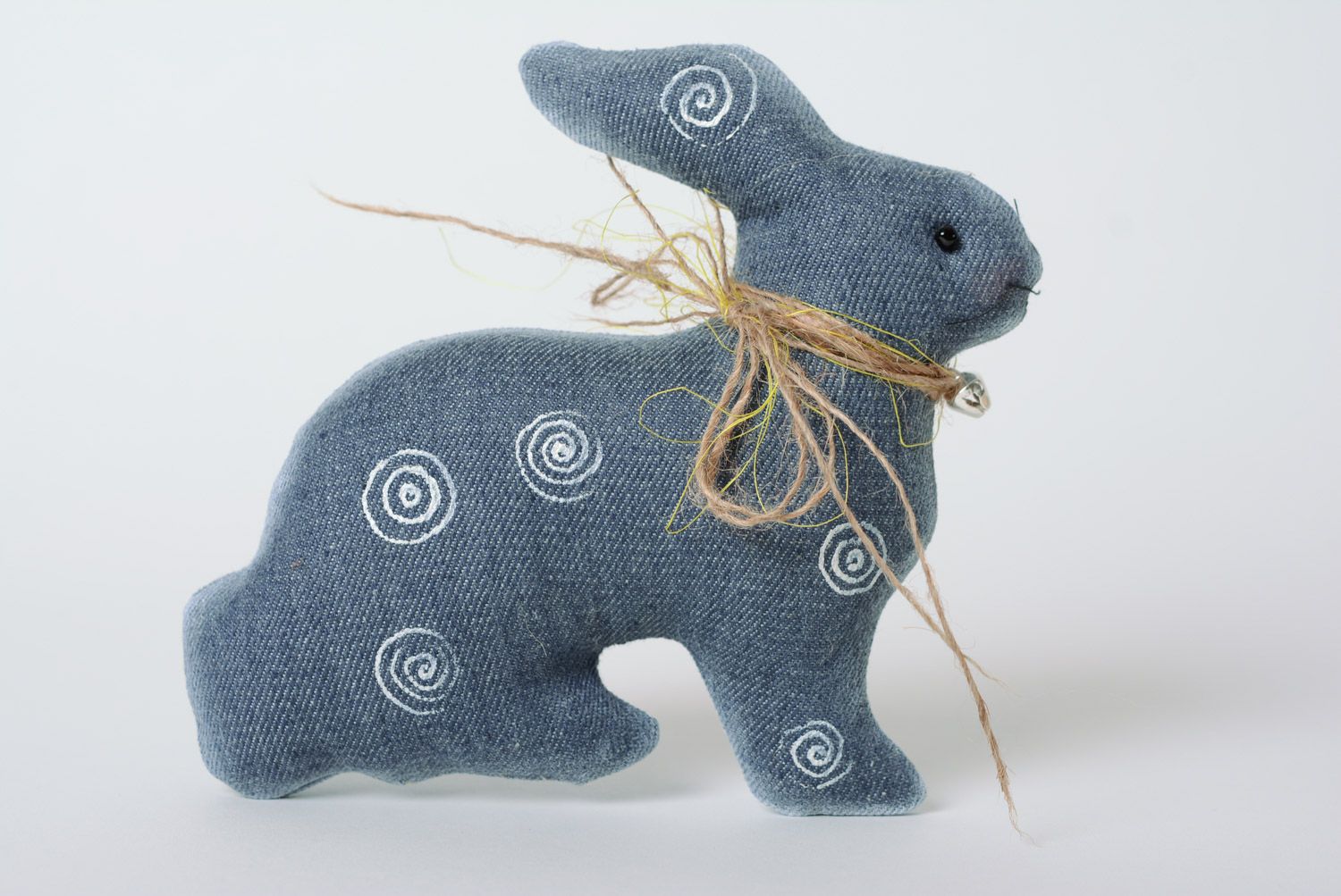 Handmade soft toy sewn of dark blue denim and painted with acrylics Rabbit photo 5