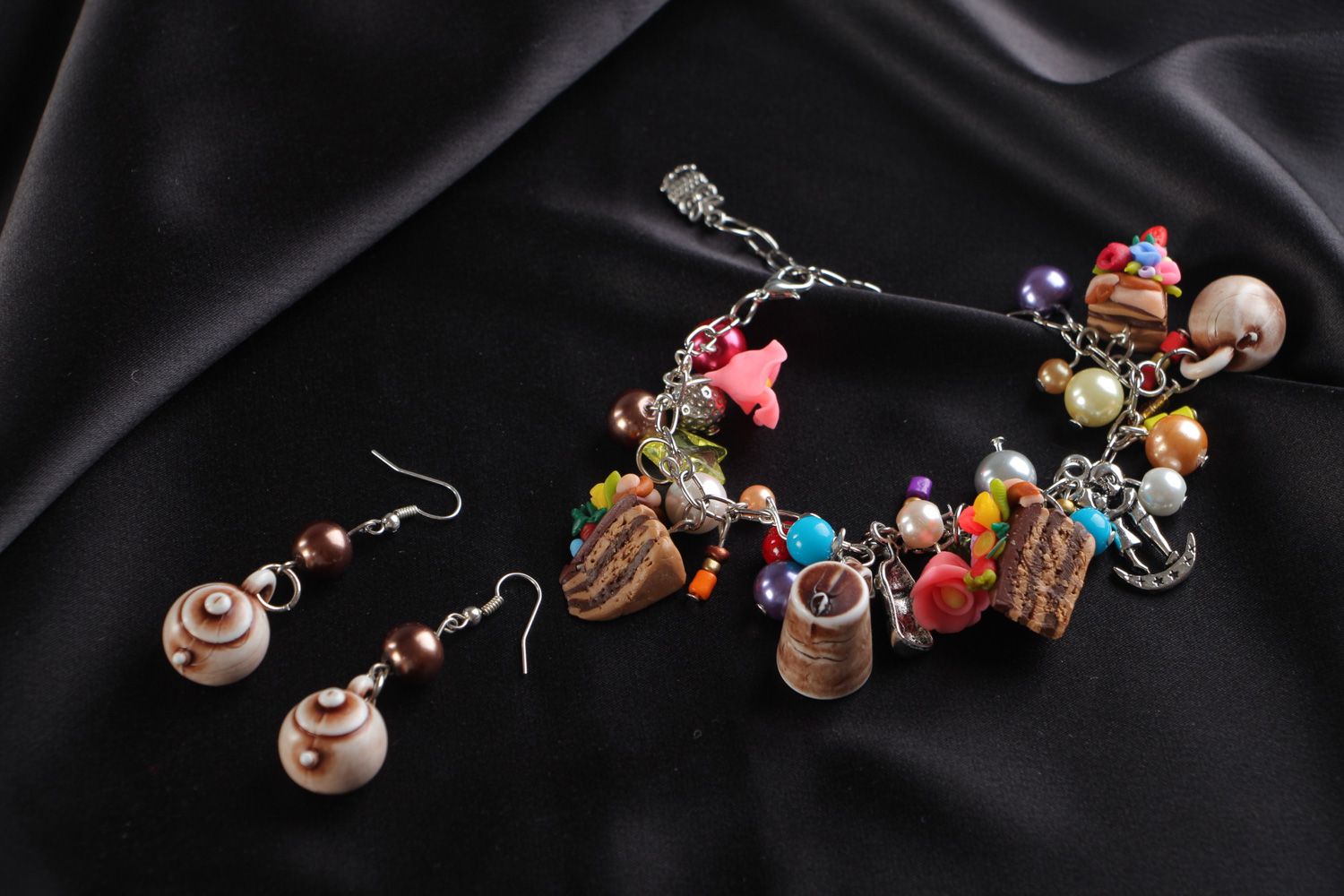 Set of handmade polymer clay jewelry dangle earrings and wrist bracelet for ladies photo 1