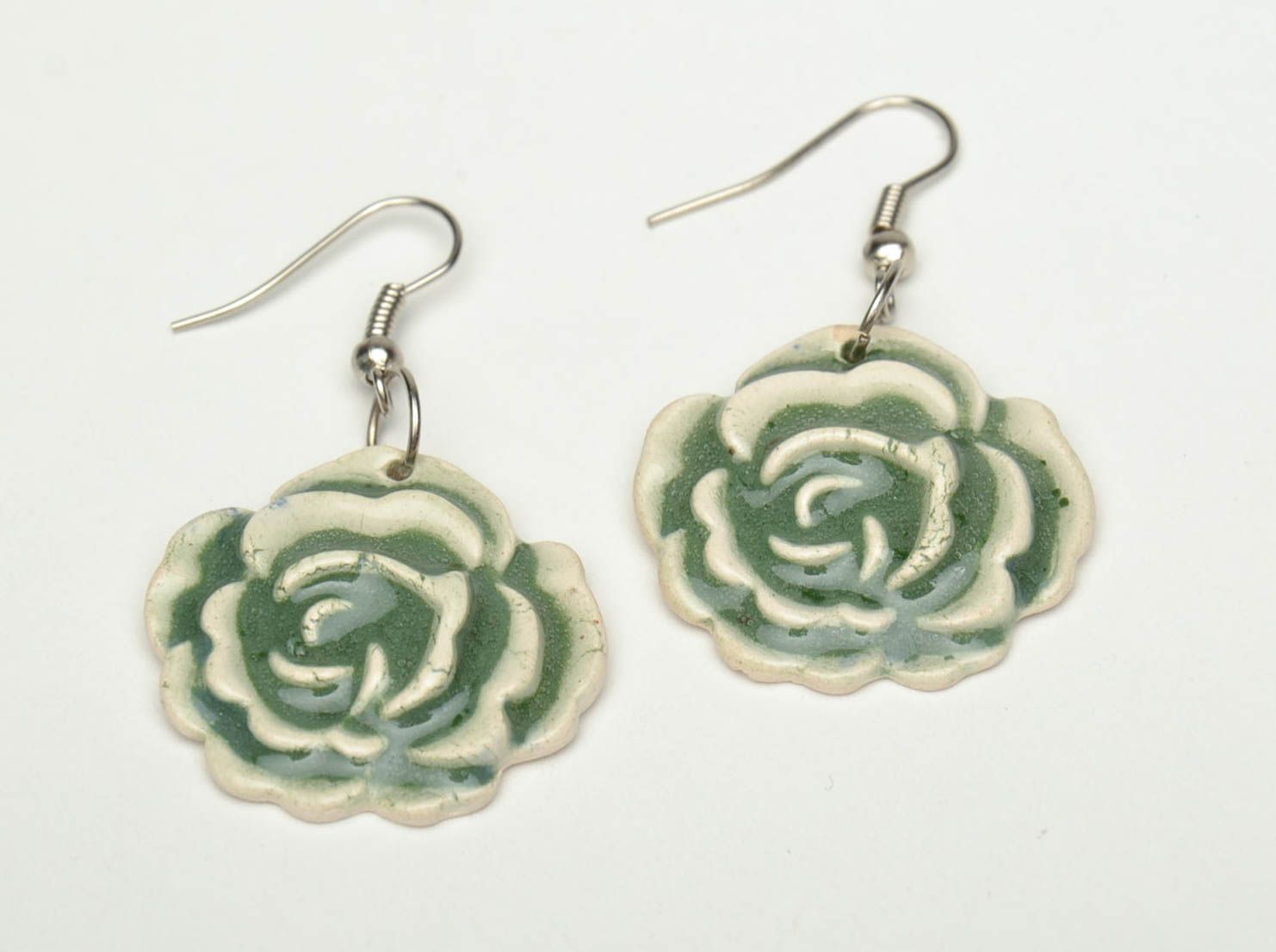 Hand molded ceramic earrings with enamel painting Roses photo 2