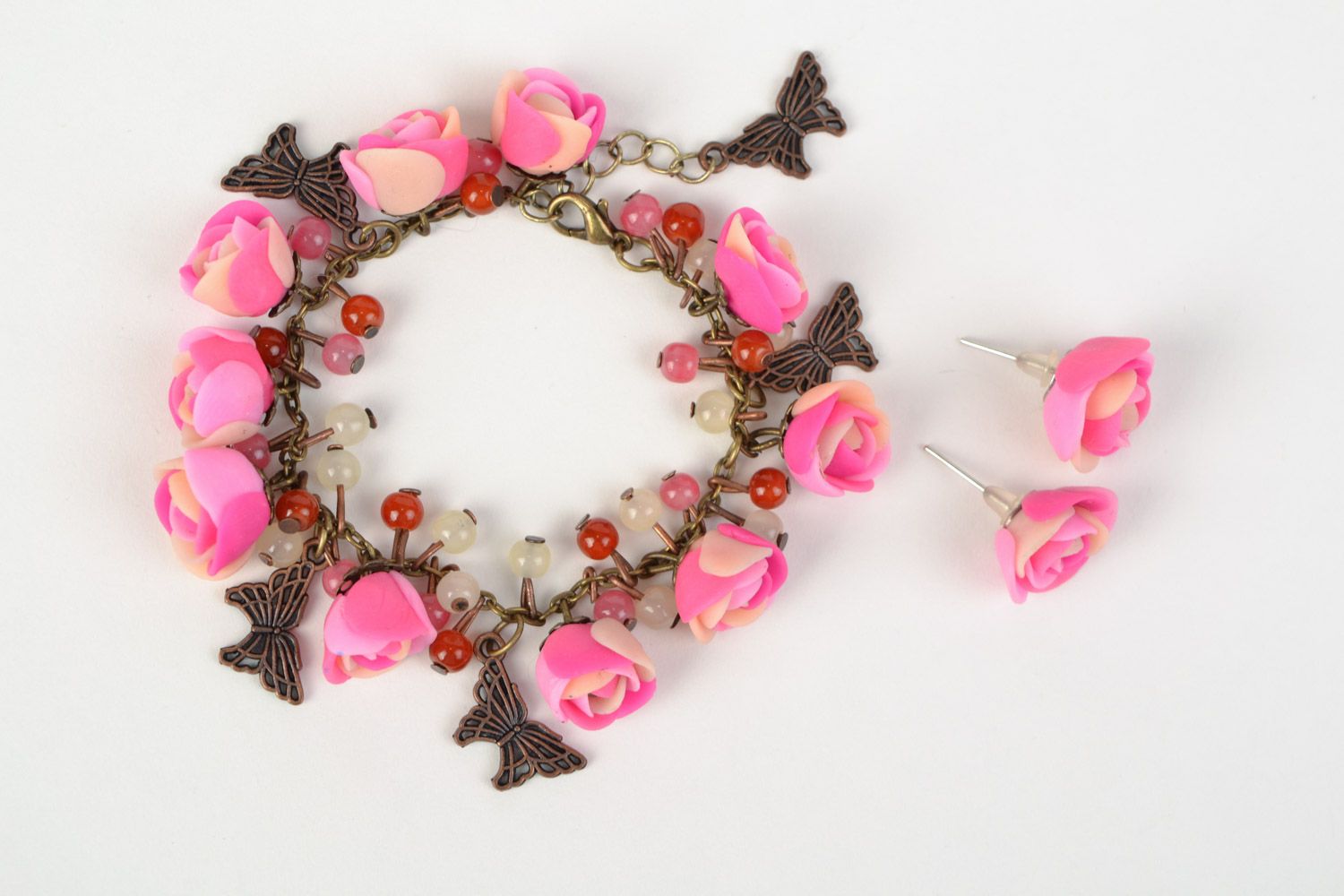 Handmade plastic flower jewelry set 2 items bracelet and stud earrings photo 1
