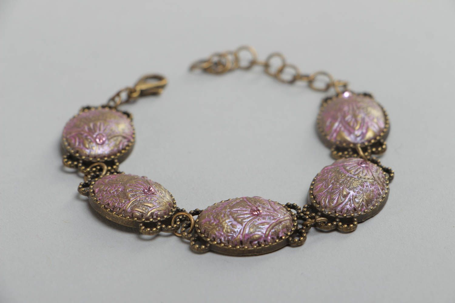 Handmade tender violet polymer clay wrist bracelet with glass glaze for women photo 3