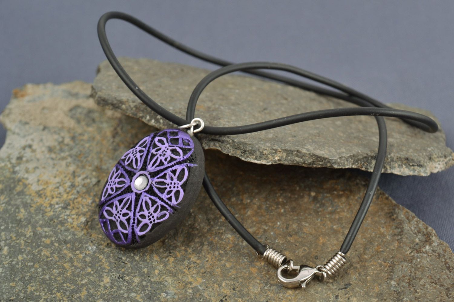 Black and lilac handmade clay pendant painted with acrylics photo 1