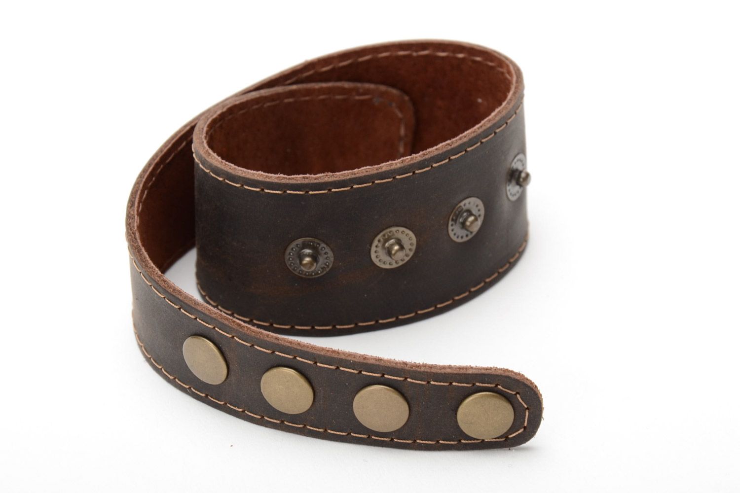 Handmade brown leather wrist bracelet with metal rivets unisex photo 4