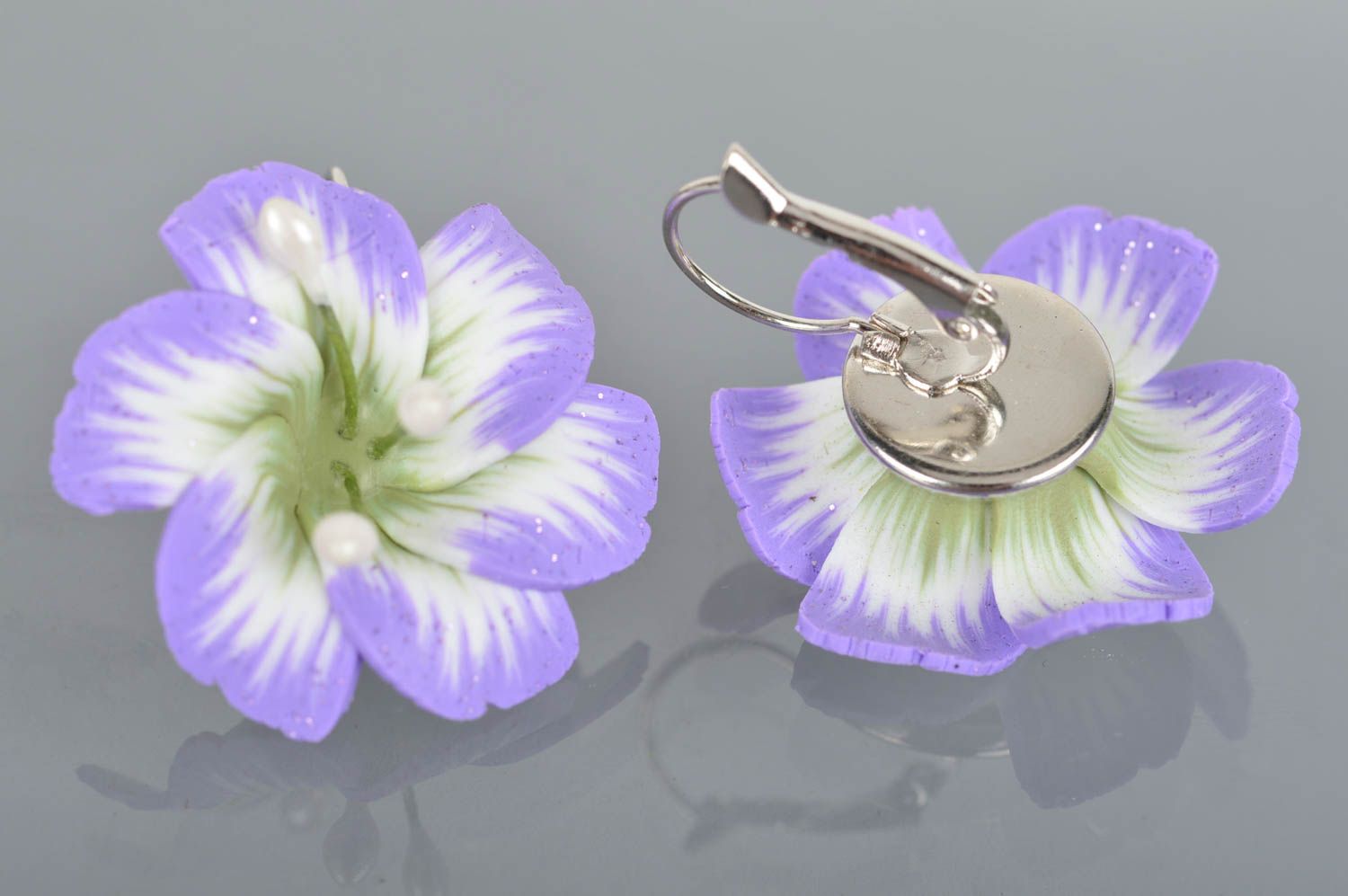 Designer cute handmade lilac earrings made of polymer clay with clasps photo 5
