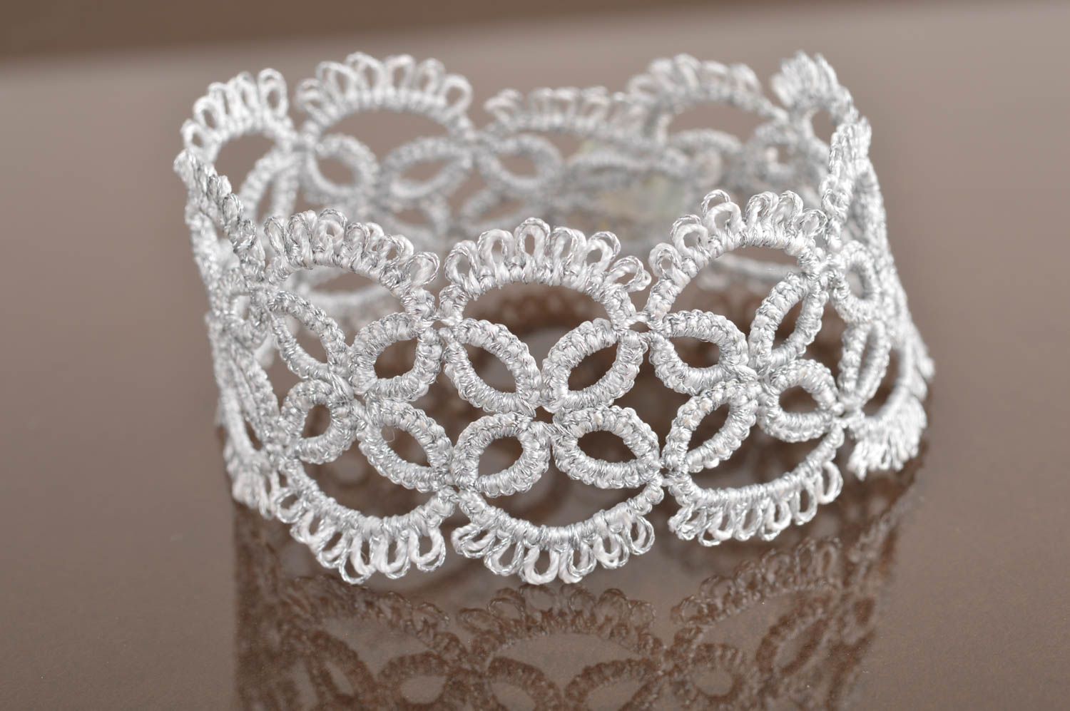 Beautiful gentle handmade designer tatting lace bracelet white and silver photo 2