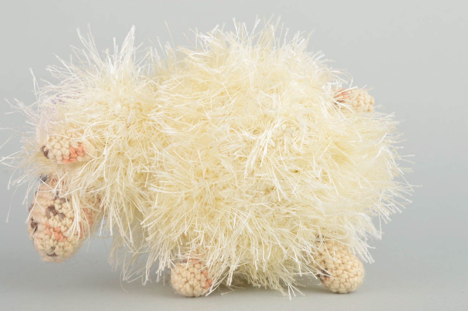 Handmade small fluffy soft toy crocheted of acrylic threads beige lamb  photo 5