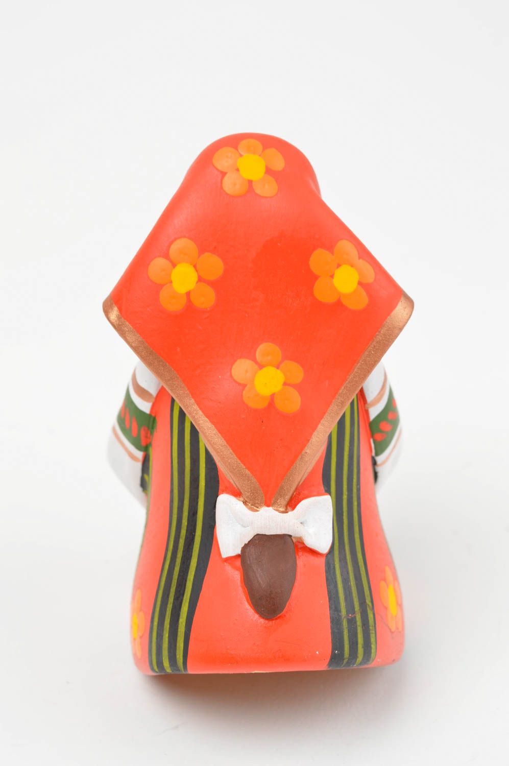 Декоративный колокольчик из глины ручной работы Пышная девица в красном платке фото 4