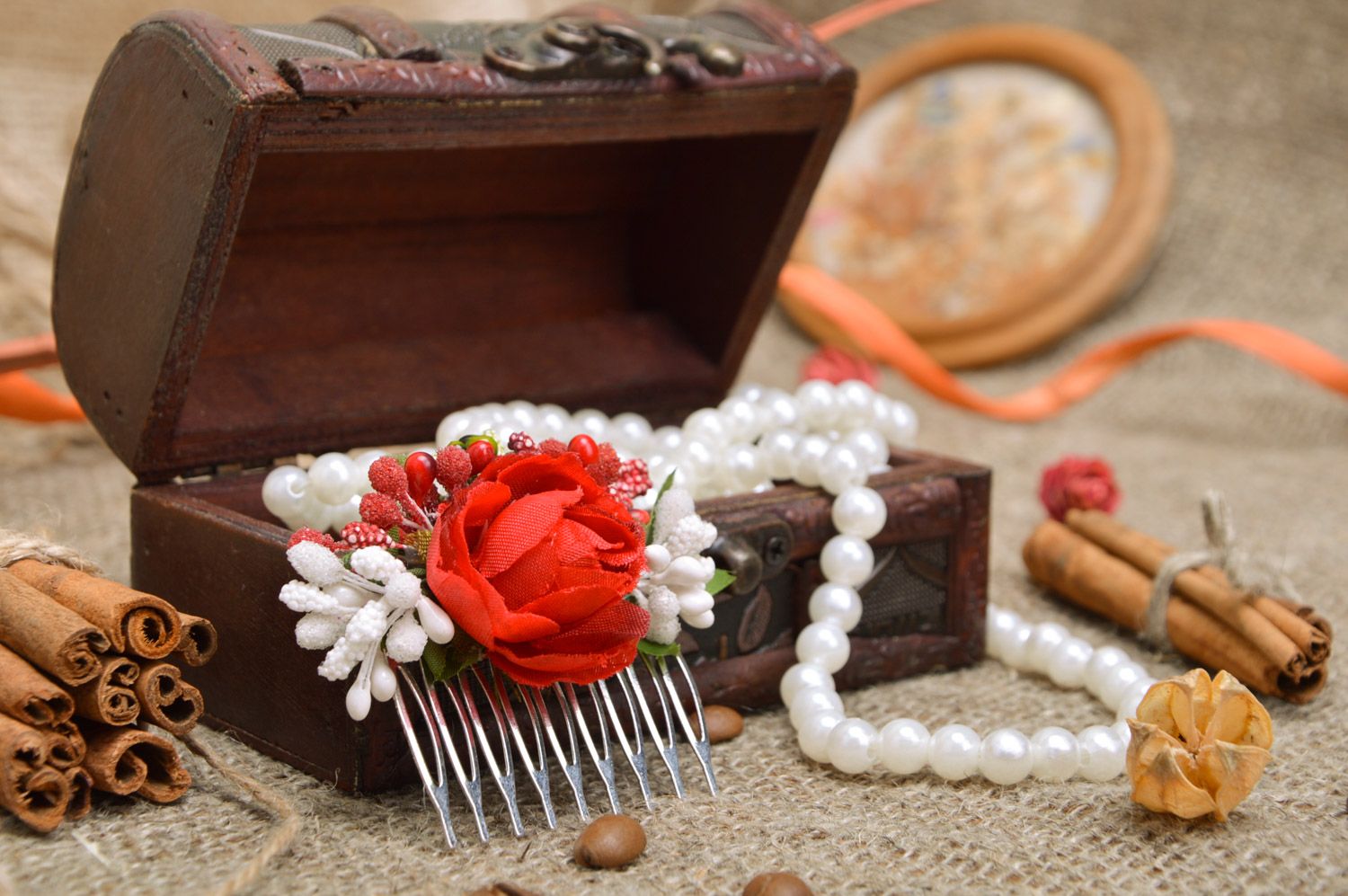 Handmade decorative metal hair comb with artificial flowers Red Rose photo 1