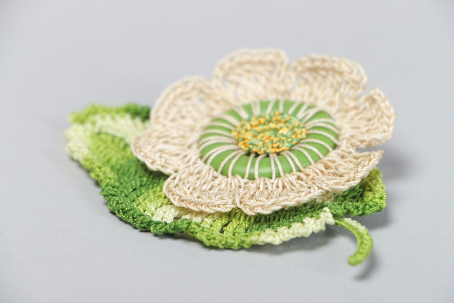 Handmade floral brooch crocheted of green and beige cotton and silk threads photo 3