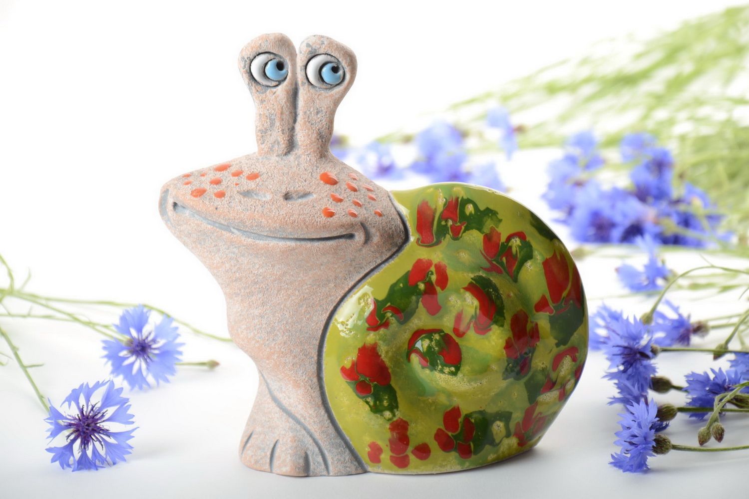Keramik Sparbüchse Schnecke grün mit Pigmenten Bemalung Künstler Handarbeit foto 1