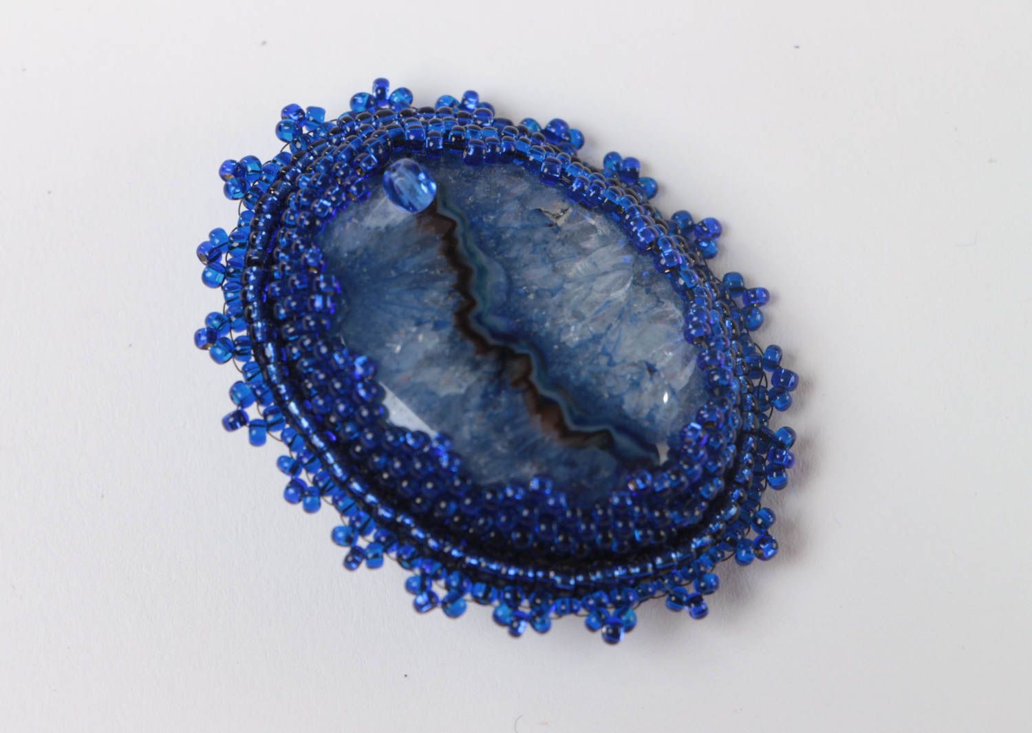 Women's blue handmade brooch with Czech beads and natural agate stone photo 2
