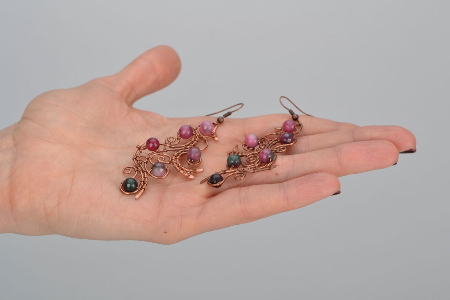 Copper earrings with tourmaline stone photo 2